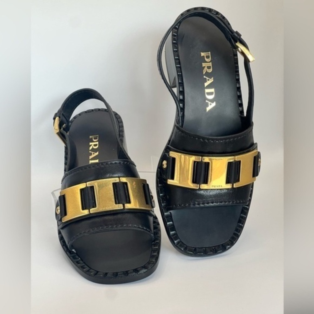Prada - Black and Gold Chunky Heel Sandals * Stunning Design” SIZE 37 (EU)